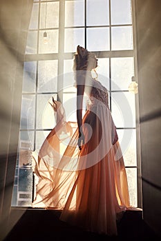 Woman in long dress stands at window in sunlight. Fairy Princess