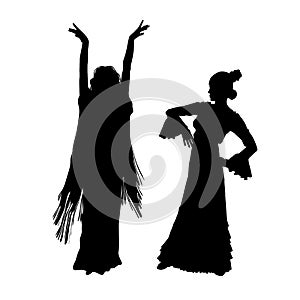 Woman in long dress stay in dancing pose. flamenco dancer, spanish. beautiful female profile black silhouette Isolated on white