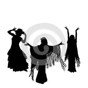 Woman in long dress stay in dancing pose. flamenco dancer, spanish. beautiful female profile black silhouette Isolated on white