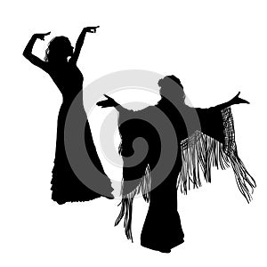 Woman in long dress stay in dancing pose. flamenco dancer, spanish. beautiful female profile black silhouette Isolated on white