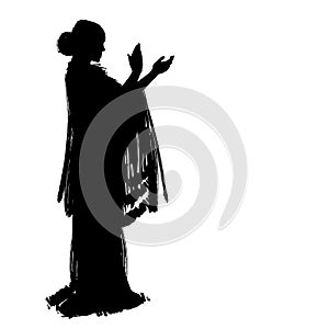 Woman in long dress stay in dancing pose. flamenco dancer, spanish. beautiful female profile black silhouette Isolated on white