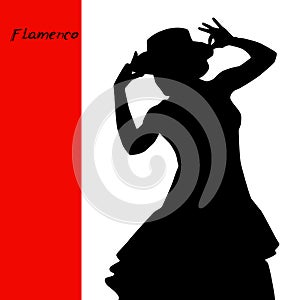 Woman in long dress stay in dancing pose. flamenco dancer, spanish. beautiful female profile black silhouette Isolated on white