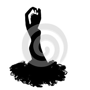 Woman in long dress stay in dancing pose. flamenco dancer, spanish. black silhouette Isolated on white background brush outline sk