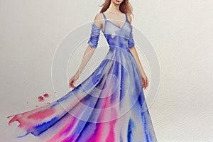 Woman in a long dress. Watercolor. Generative AI.