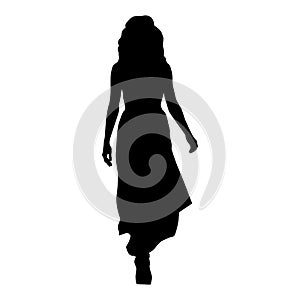 Woman in long evening dress walking forward, isolated vector silhouette, front view