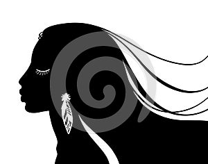 Woman with long hair and feather earring