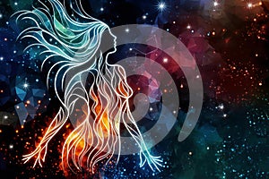 woman with long hair is floating in space