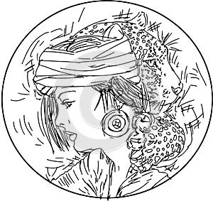 Woman with long hair in a glass, design for bars, line art china artportrait of young woman with turban line art china