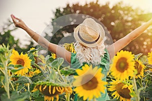 A woman with long hair lifted her hands up, back view. The concept of freedom