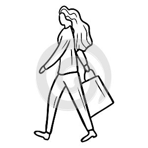 Woman with a long hair with a packet is going shopping to mall isolated on white background. Hand drawn vector sketch illustration