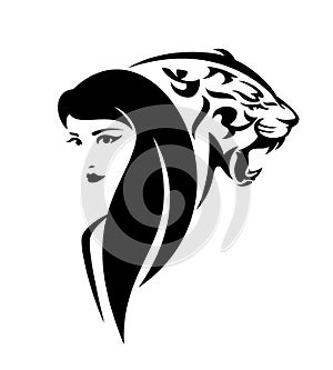 Woman with long hair and roaring tiger head vector portrait