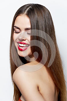Woman with long hairstyle Beautiful smile with white teeth bright makeup