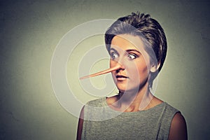 Woman with long nose on grey wall background. Liar concept