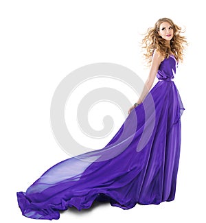 Woman Long Purple Dress, Fashion Model in Evening Gown, Girl full length Beauty portrait on White