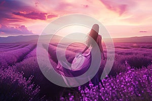 a woman in a long purple dress is standing in a lavender field at sunset