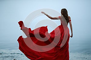 Woman in a long red dress. Back view