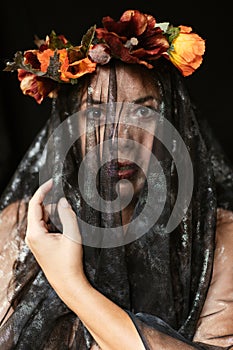 Woman in Goddess Persephone Outfit With Veil