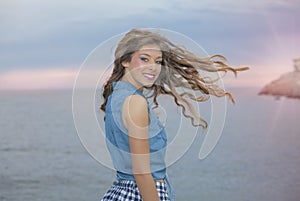 Woman with long wavy healthy hair