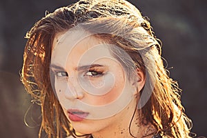 Woman with long wet hair, hairstyle