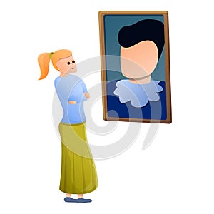 Woman look gallery picture icon, cartoon style