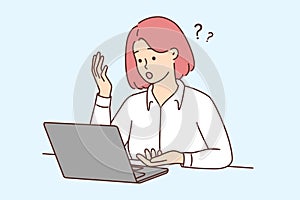 Woman look at laptop screen confused with problem