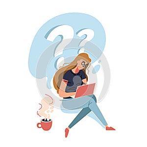 Woman is looking for an answer in the Internet. Business vector illustration with working person. Modern flat light style