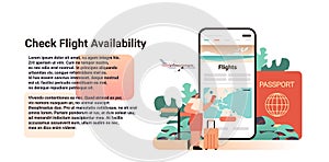 woman looking for available cheapest tickets via mobile app online booking searching for flight service concept