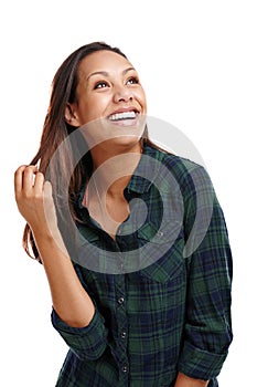 Woman, looking away and hair with smile, fashion and shirt in white background or studio. Female person, haircare and