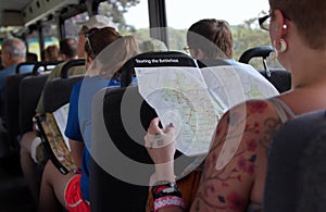 Woman Looking at Battle Site Map Inside Gettysburg Tour Bus