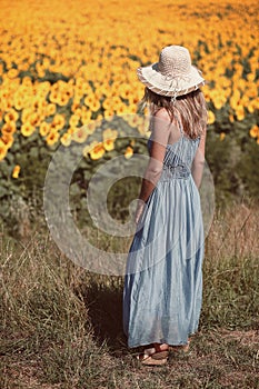 Woman looking at beautiful sunflower field