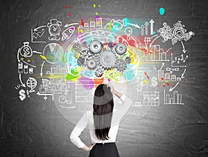 Woman looking at brain and gears on blackboard