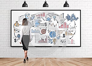 Woman looking at business sketch on whiteboard