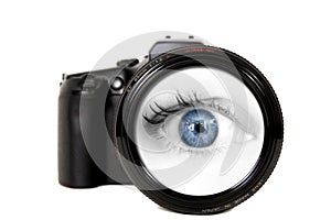 Woman Looking Through a Camera Lens