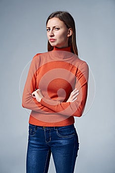 Woman looking at camera with suspicion