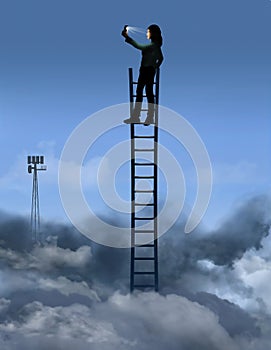 A woman looking for a cell phone signal is seen at the top of a ladder above the clouds searching for that signal