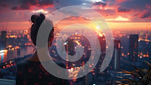 Woman looking at city skyline during sunset photo