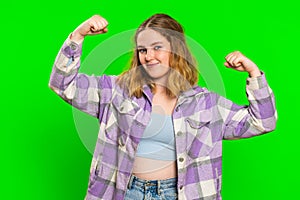 Woman looking confident showing biceps, feeling power strength to fight for rights, success win