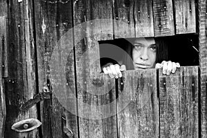 An woman looking through the crack of a locked wooden shed. Black and white photo.