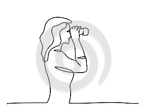 Woman looking into distance with binoculars. Continuous one line