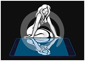 Woman looking at her image reflected in a smartphone mirror, selfie, digital narcissism concept minimal vector illustration