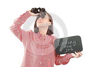 Woman with looking for a job text on the slate looking through the binocular isolated