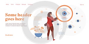 Woman looking through magnifying glass in flat vector design. Search or observe concept with female character holding magnifier.