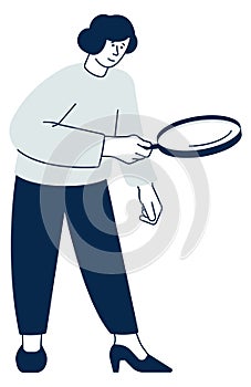 Woman looking at magnifying glass. Idea searching icon