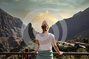 woman looking at Masca mountain village Tenerife Canary islands