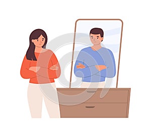 Woman looking into mirror and seeing herself as male. Gender dysphoria. Vector illustration