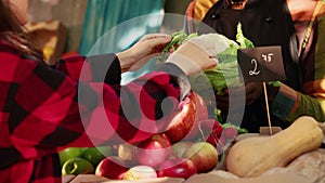 Woman looking at organic vegetables on farmers market stall