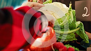 Woman looking at organic vegetables on farmers market stall