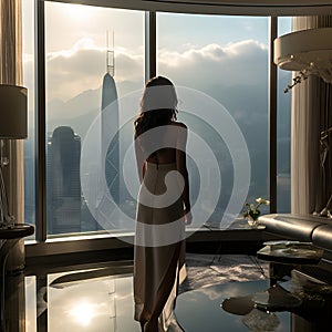 Woman looking out from hotel window onto the view of Hong Kong.