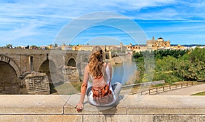 Woman looking at panoramic view of Toledo city