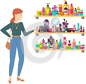 Woman looking at shelf with female accessories and perfumes. Lady choosing cosmetics and perfumery